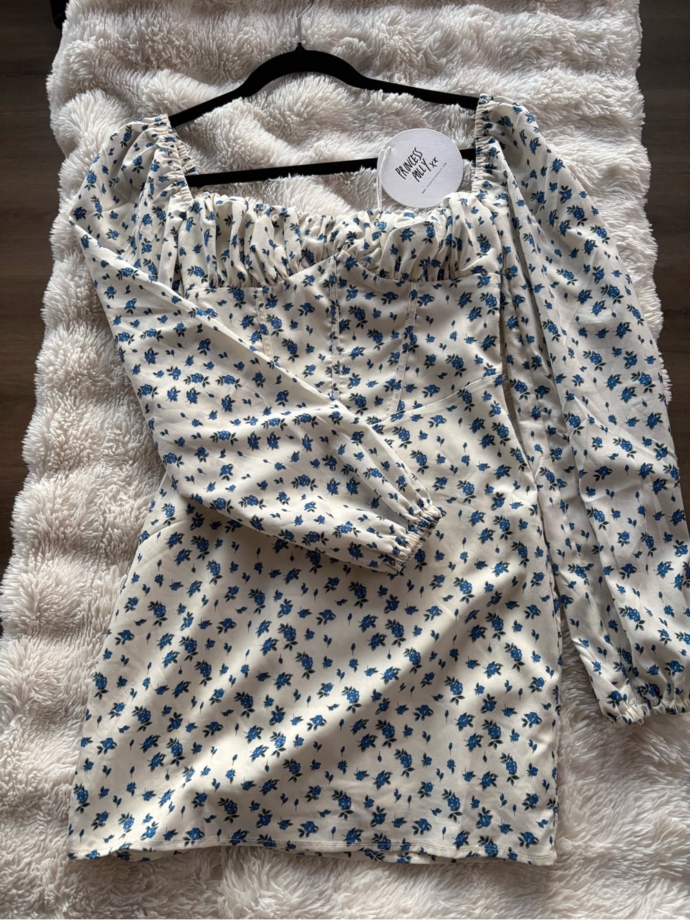 Princess Polly xx NEW Dress Cream Floral Off-Shoulder Tunic with Blue Print